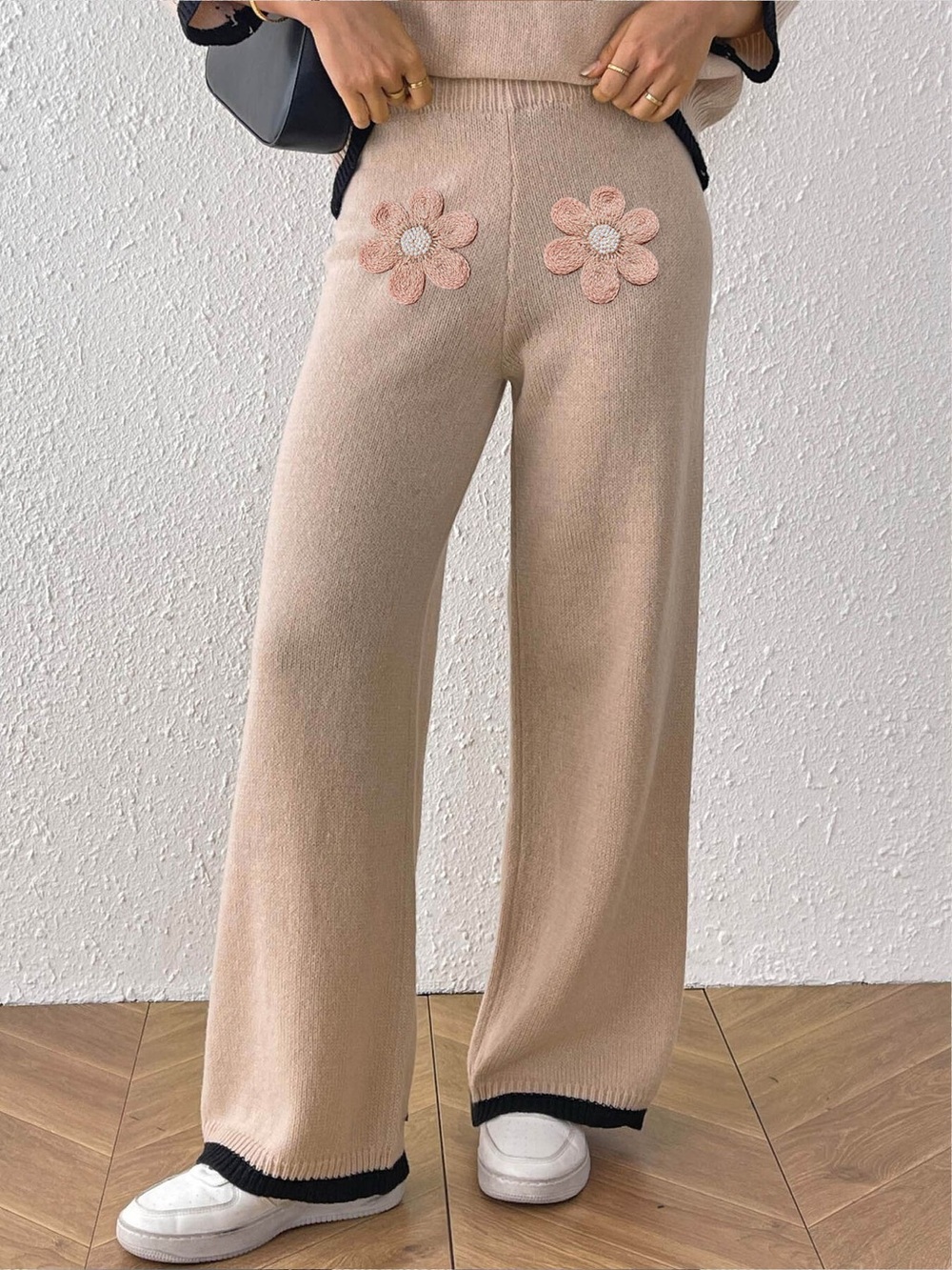 Floral Applique High-Waisted Wide-Leg Sweater Pants